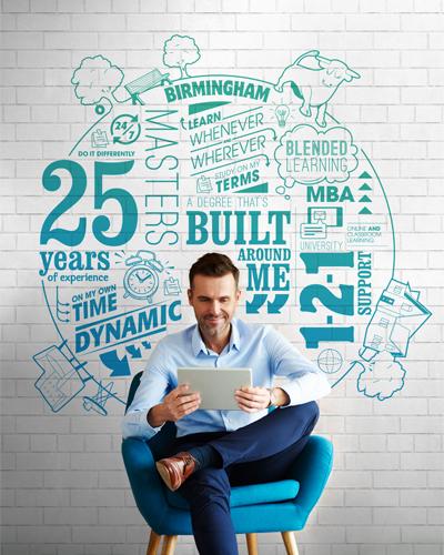 Arden University student sitting in front of UNIquelogo on wall