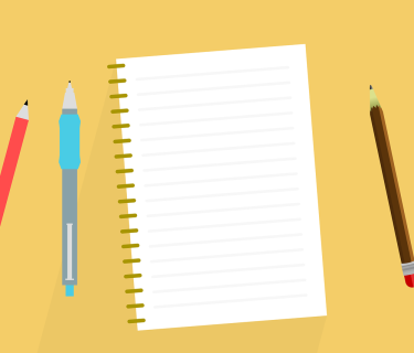 Animation of a notebook and 3 pens on a yellow background