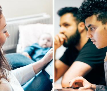 Two photos of students studying