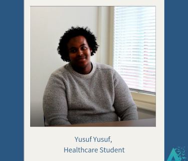 Photo of Arden student surrounded by an Arden University logo border