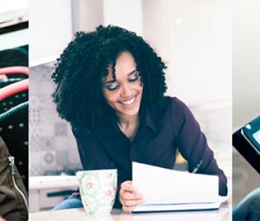 Man on bus with headphones - woman writing with coffee - woman with tablet and baby