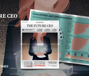 Animation of the The Future CEO report with an image of a magazine open and a woman in the background
