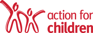 action for children text with two red people